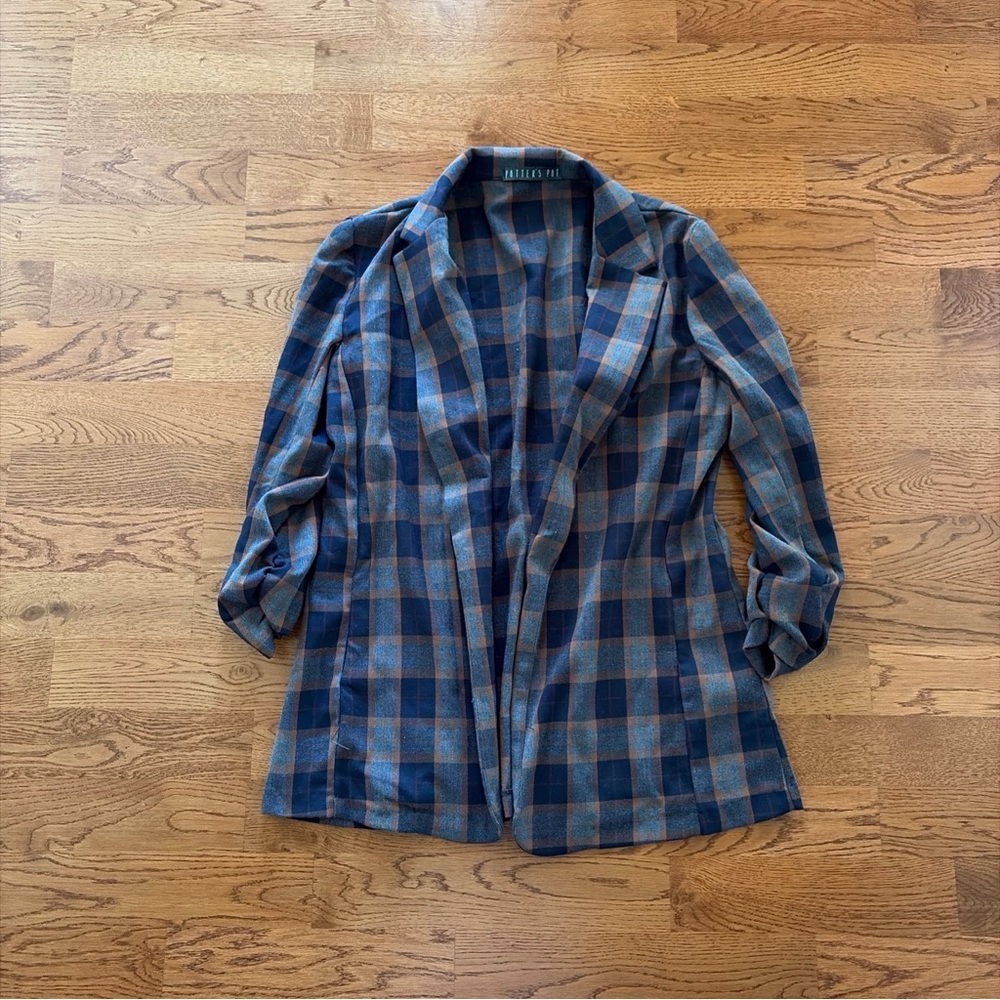 Potter's Pot Navy Blue Orange Open Blazer jacket Women S Flannel Plaid Gray Coat